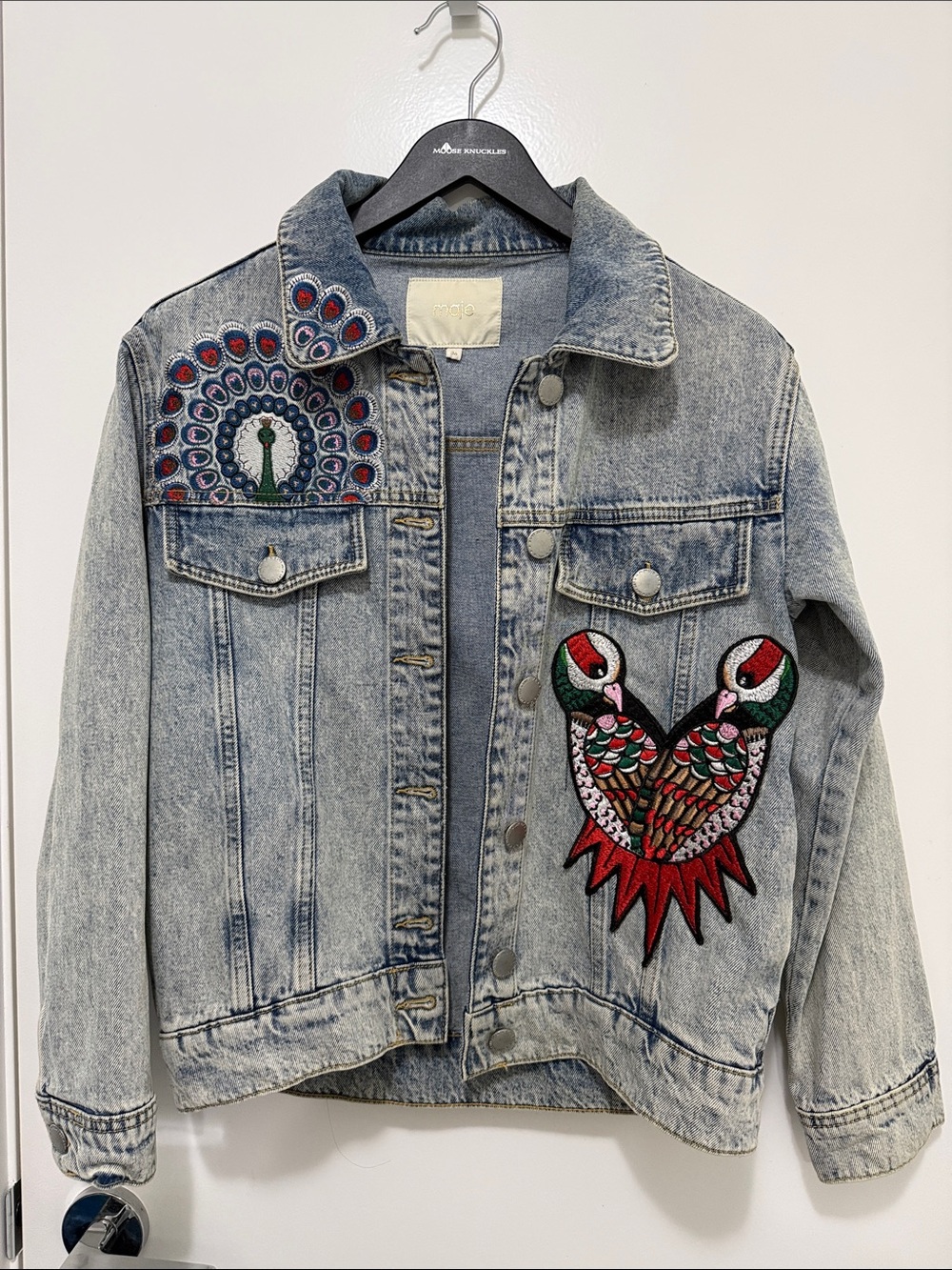 Maje Light Wash Denim Jacket with Multicolor Embroidered Peacock & Birds